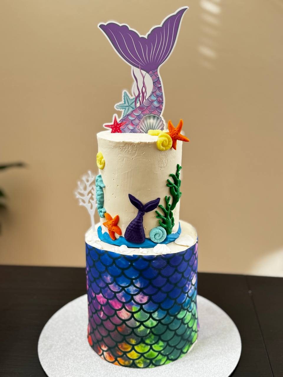 Mermaid-tail birthday cake with a rainbow scale tier